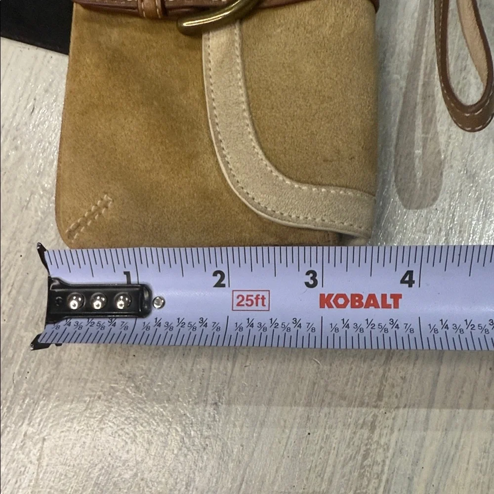 Vintage Coach Legacy Tan and Brown Suede Wristlet with Gold Hardware